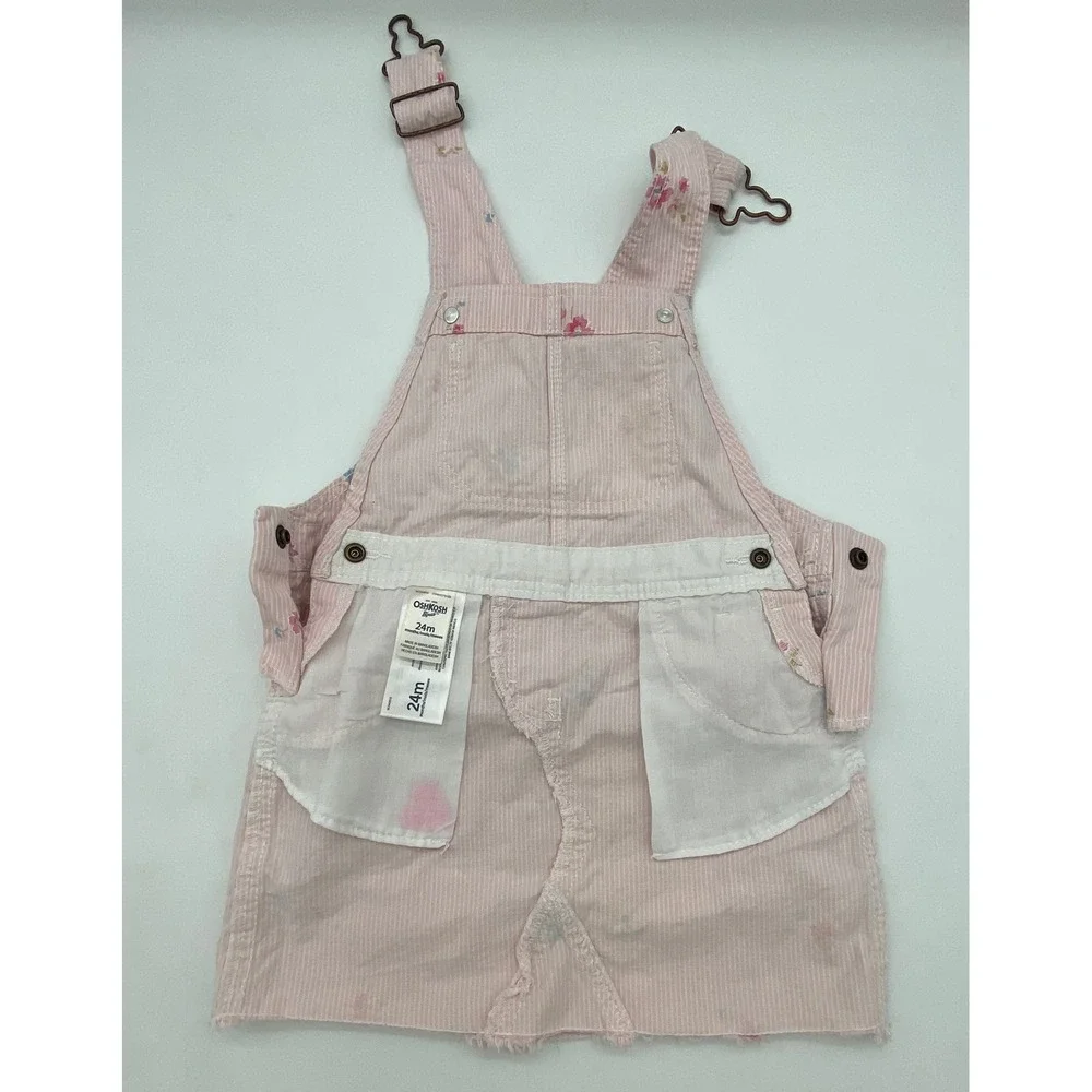 OshKosh Bgosh Pink Pinstripe Floral Overall Dress Toddler 24M Frayed Hem